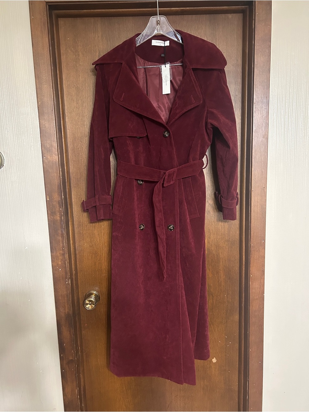 Women's Long Burgundy Trench Coat with Belt-Commense S